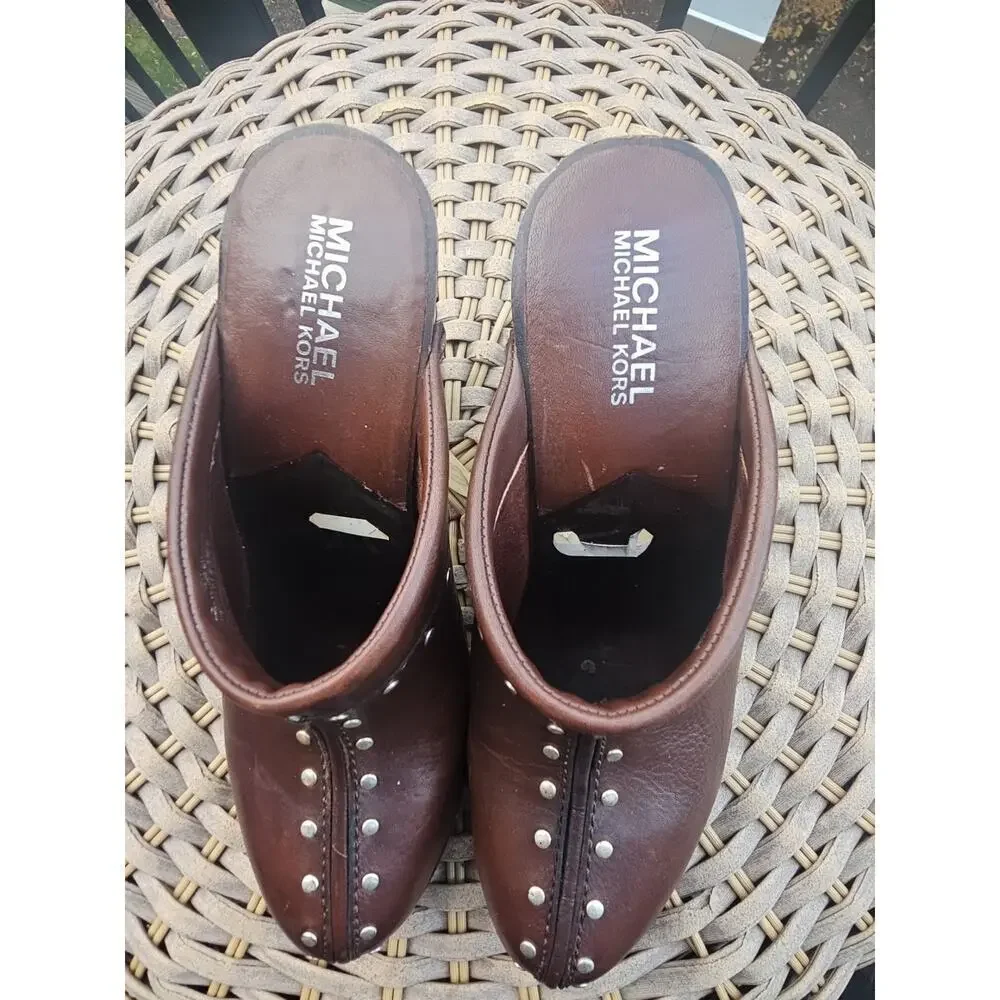 MICHAEL KORS Clogs ASTOR Heels Brown w Silver Studs MK Slip On US 6 $215